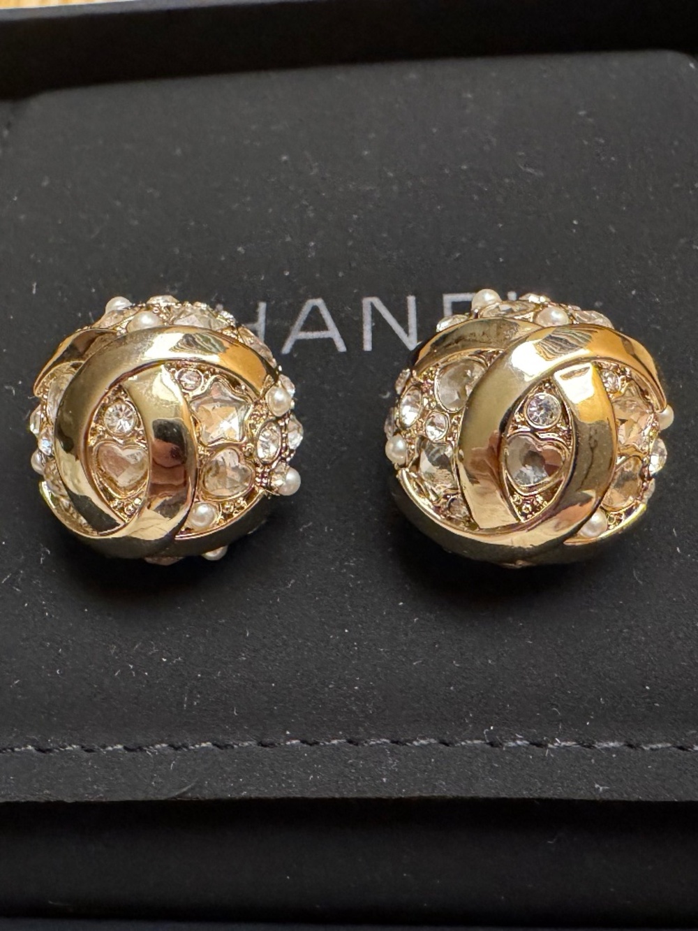Rare New Chanel Gold CC Logo Crystal Embellished Pearl Disco Ball Stud Earrings